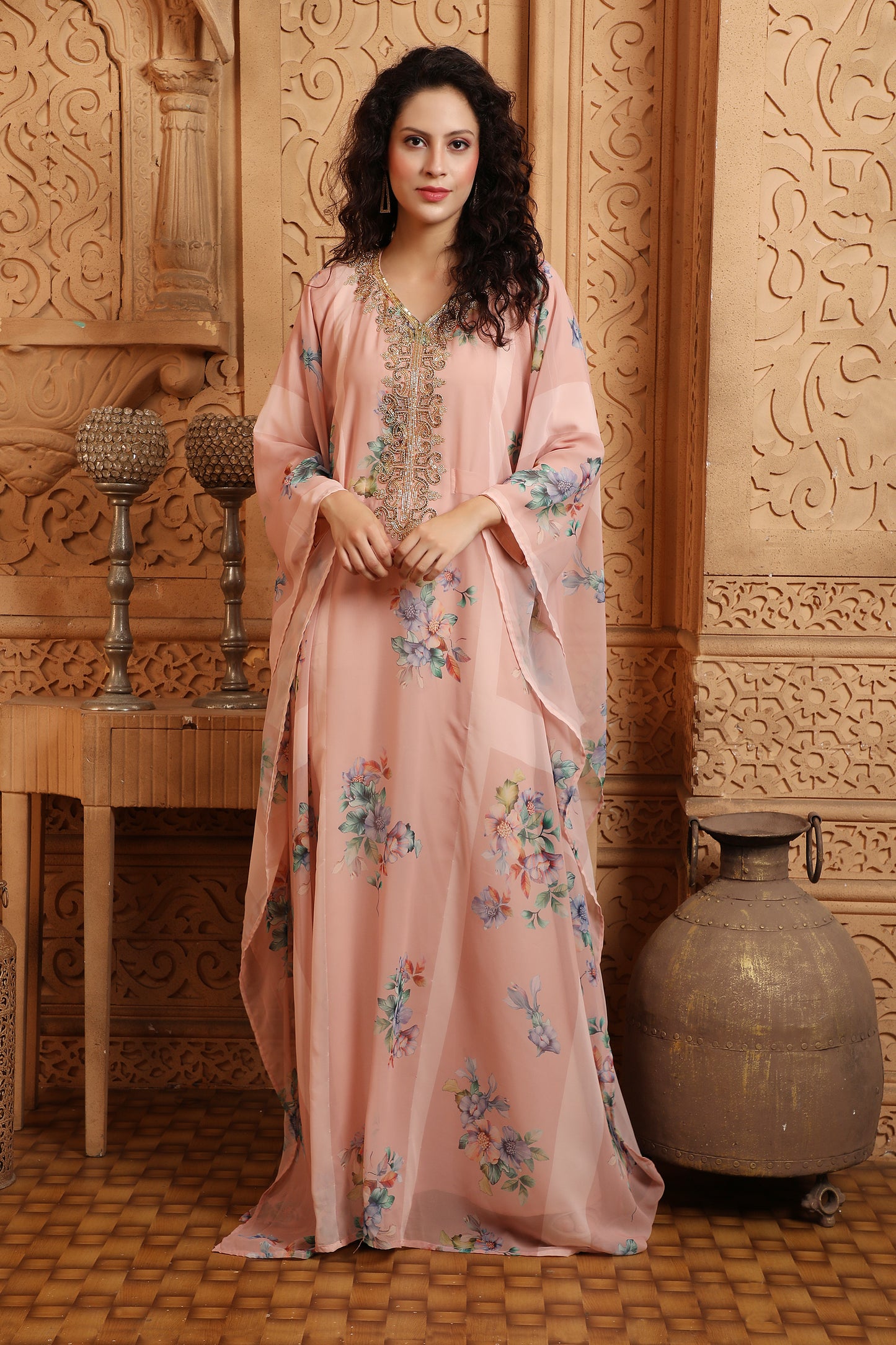 Peach Digital Print Kaftan Henna Party Dress with Crystals