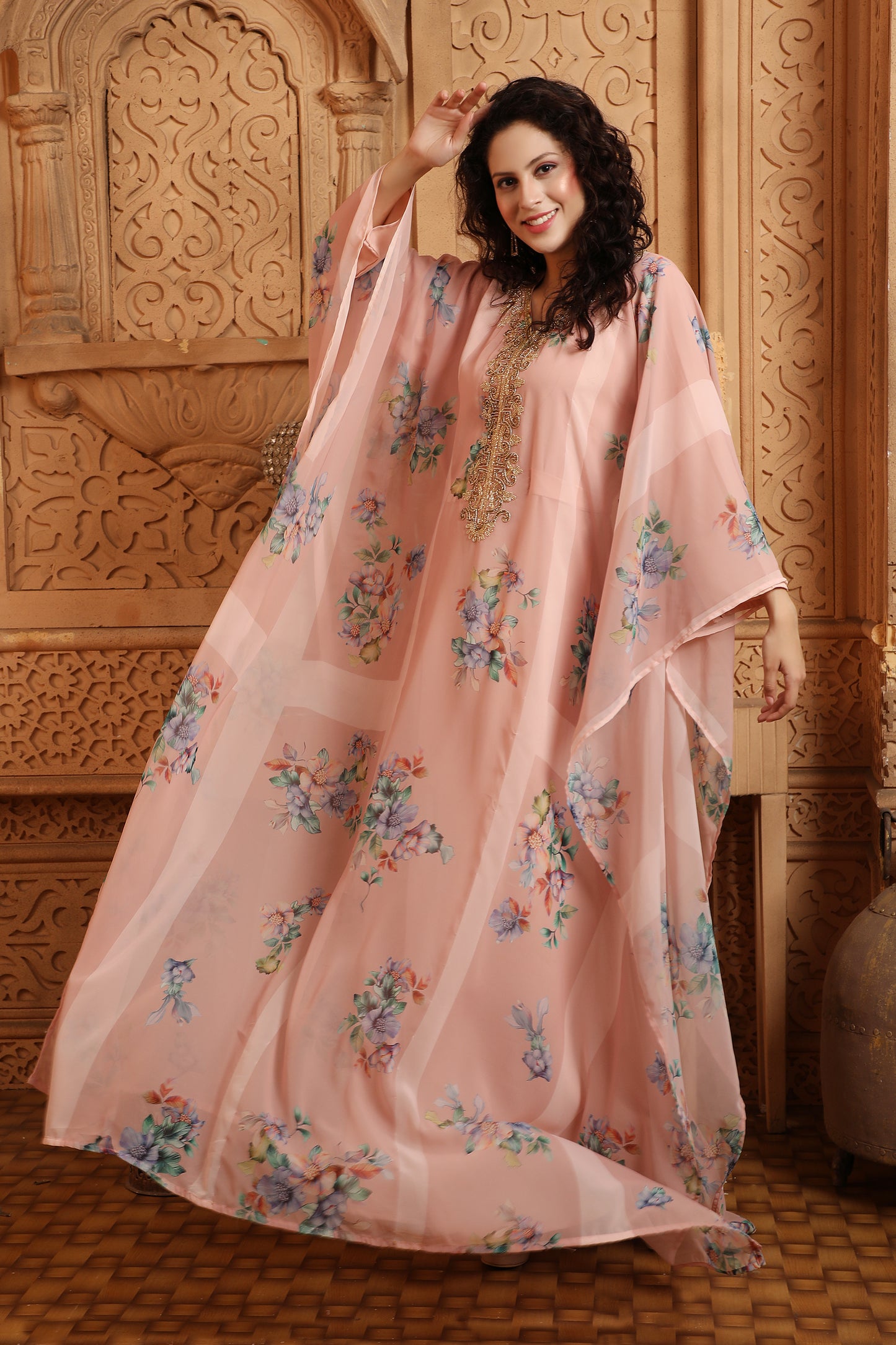 Peach Digital Print Kaftan Henna Party Dress with Crystals