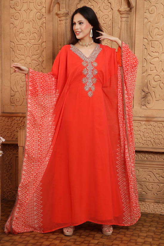 Hand Embroidered Georgette Prinited Farasha Kaftan in Red