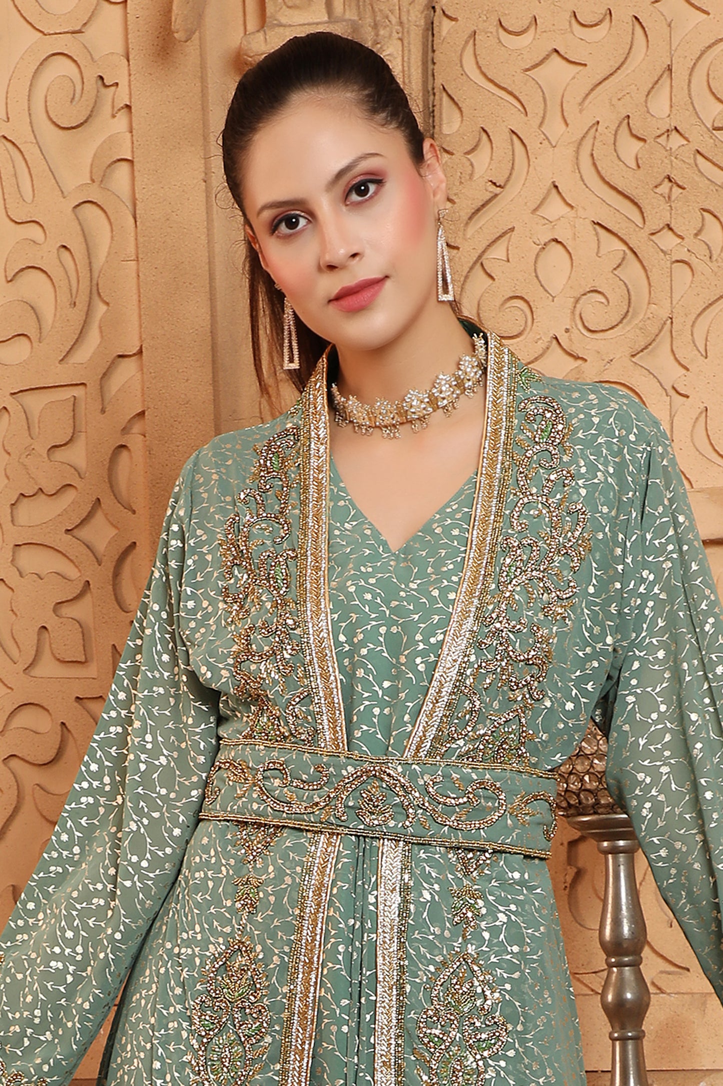 Women's Ethnic Embroidery Abaya Light Green Dress