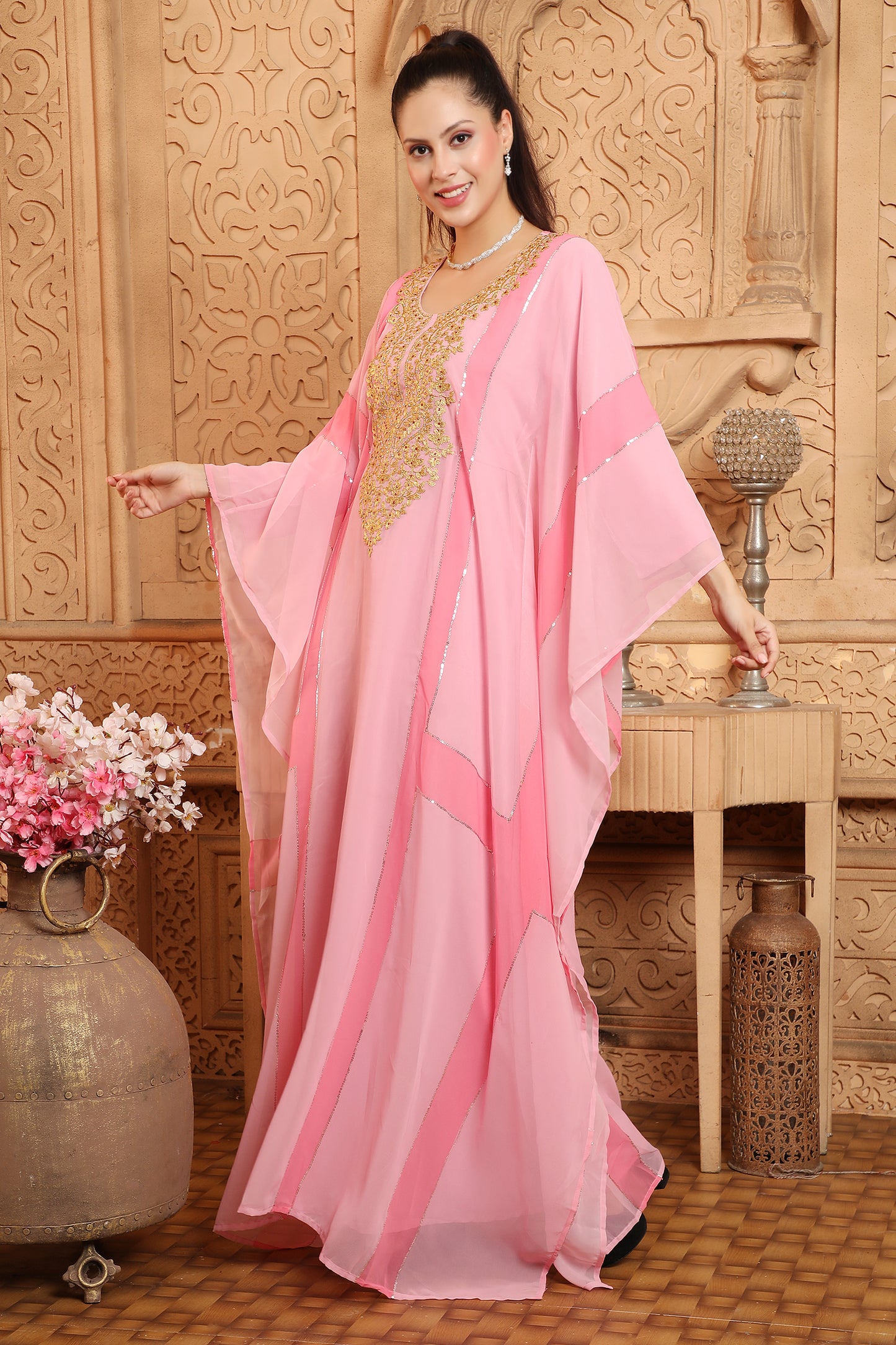 Peach Moroccan Islamic Dubai Kaftan Farasha Zari And Stone Work Dress