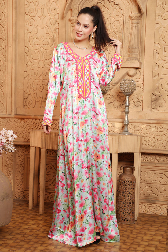 Floral Printed Jalabiya with Dori Threadwork Embroidery