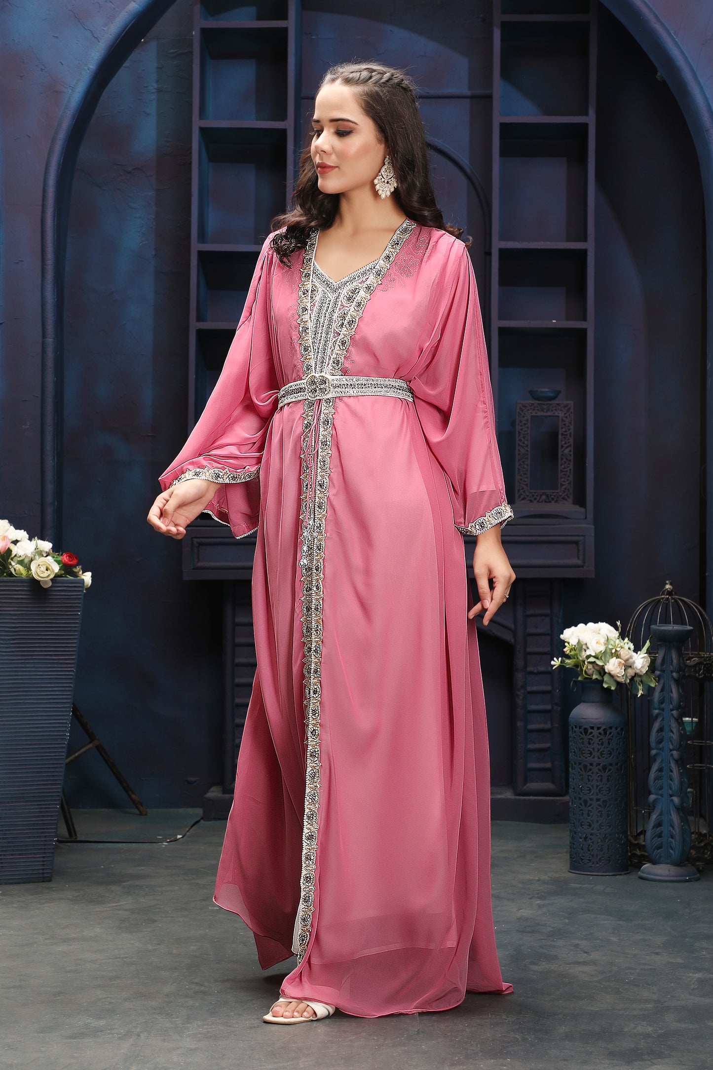 Premium Pink Floor-Length Kaftan with Statement Embroidery - Maxim Creation