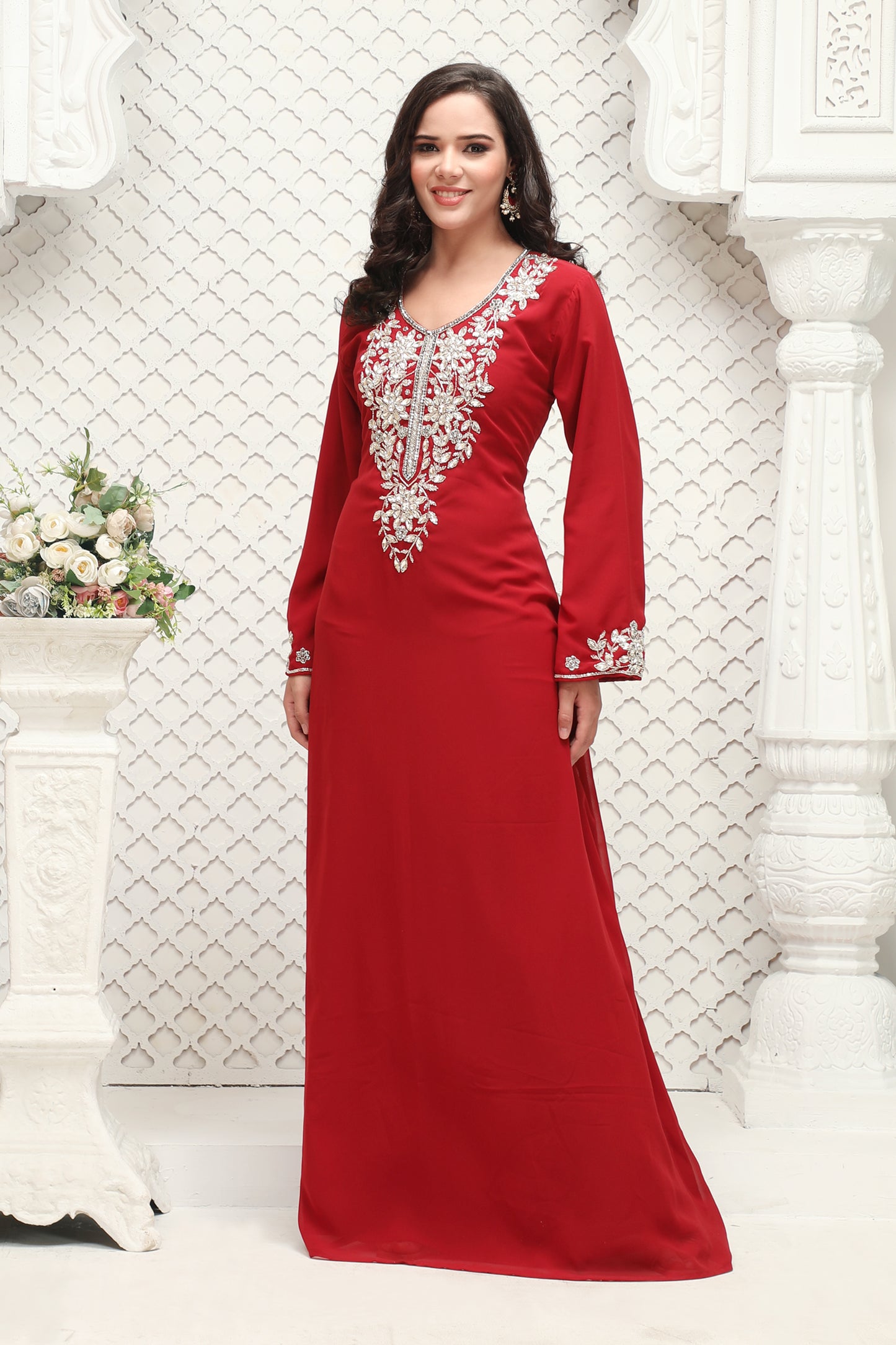 Premium Red Floor-Length Dress with Statement Neck Detailing - Maxim Creation