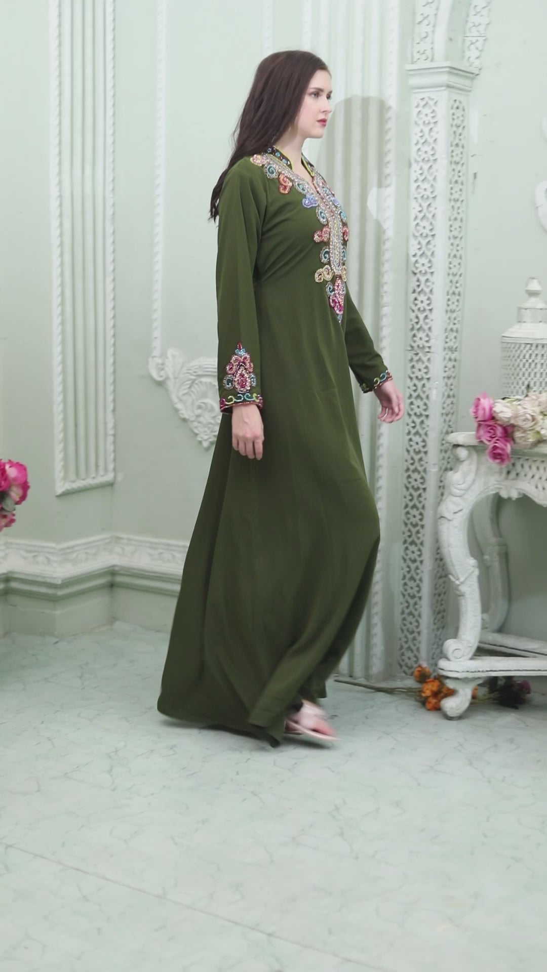 Designer Smotth Lazer Kaftan with Multicolored Embellished Sleeves