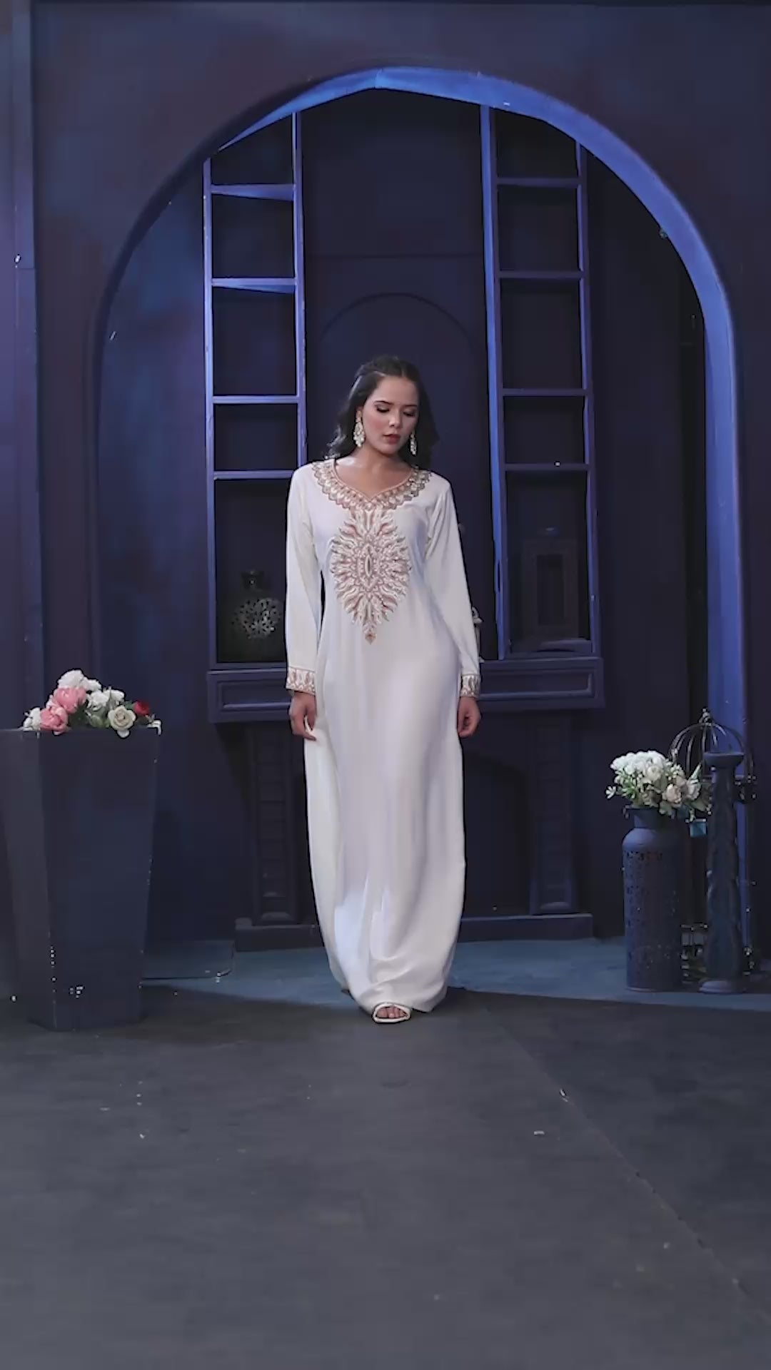 Designer Jalabiya in Ivory with Multicolor Embroidery