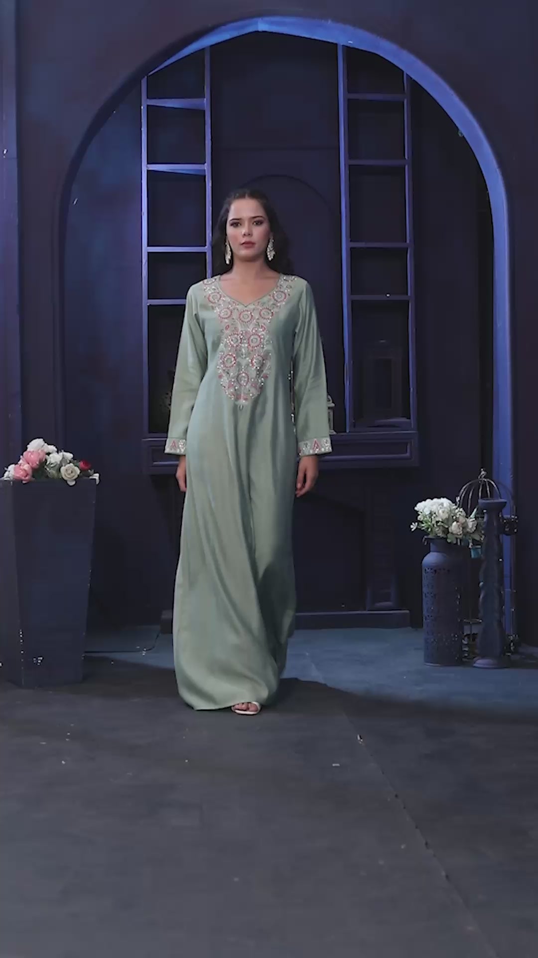 Modestwear Sage Green Jalabiya with Floral Embroidery