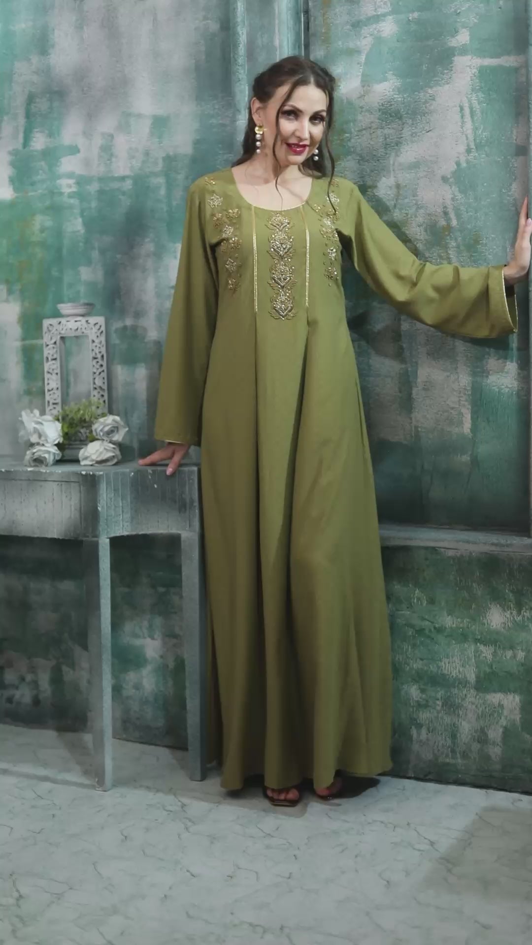 Rust Gold Embroidered Flared Jalabiya by Maxim Creation