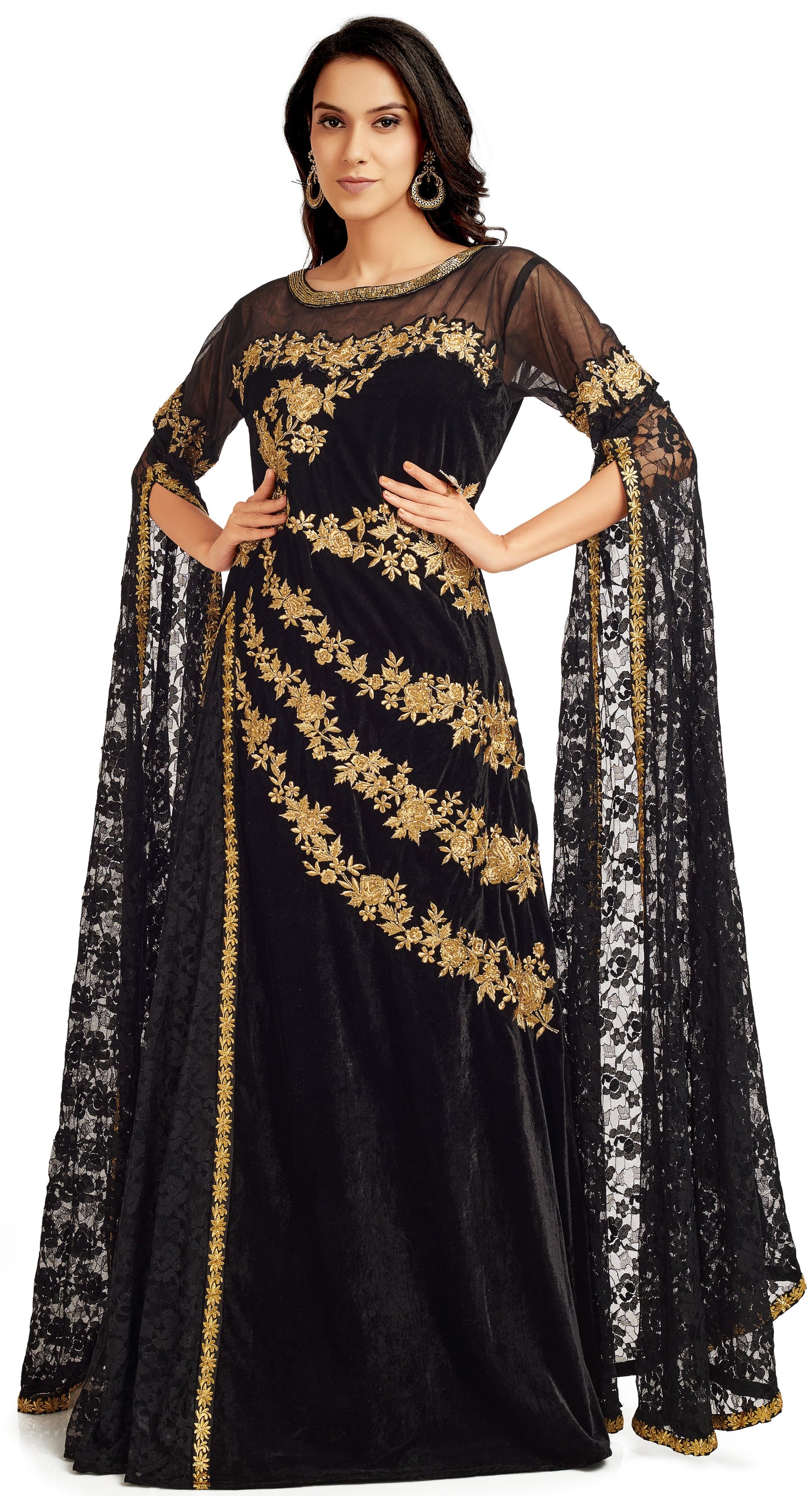 Black Velvet Party Gown with Long Sleeve - Maxim Creation