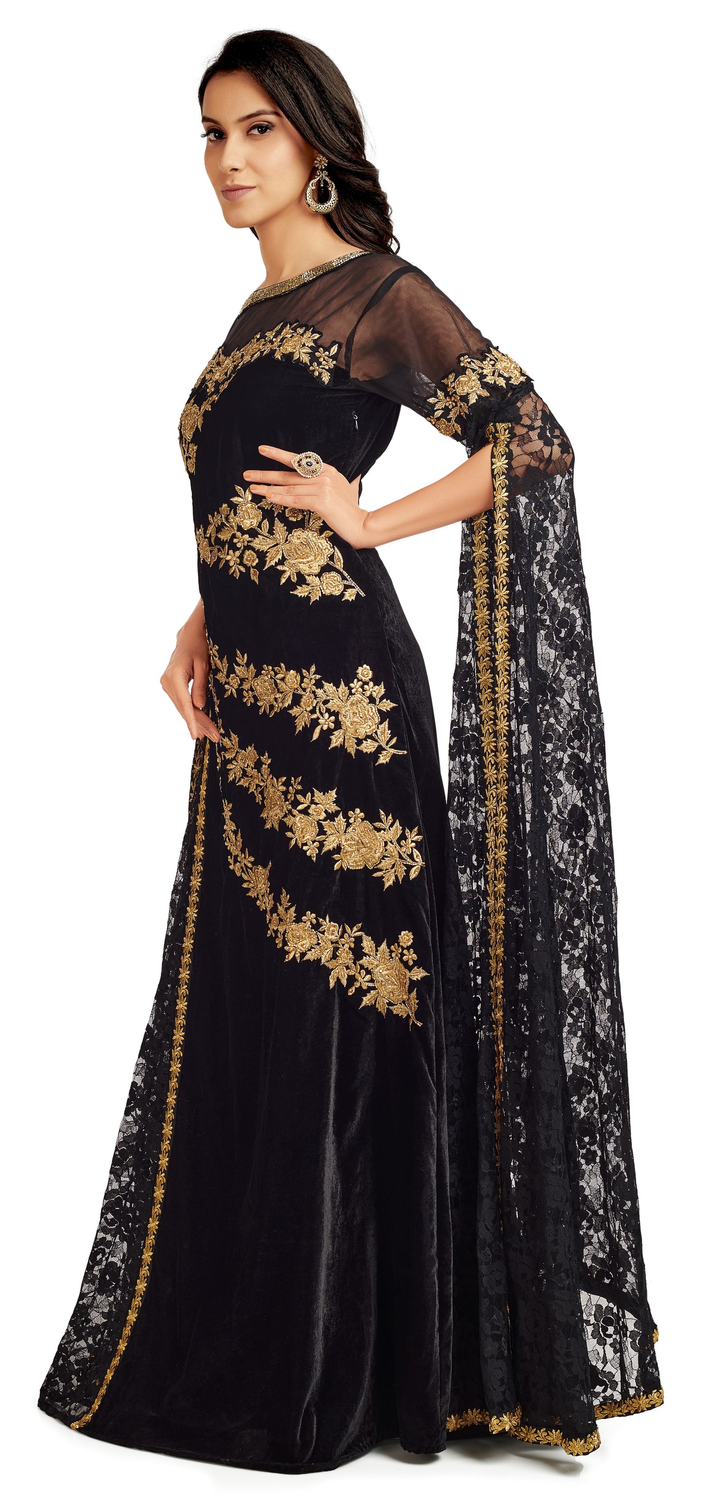 Black Velvet Party Gown with Long Sleeve - Maxim Creation