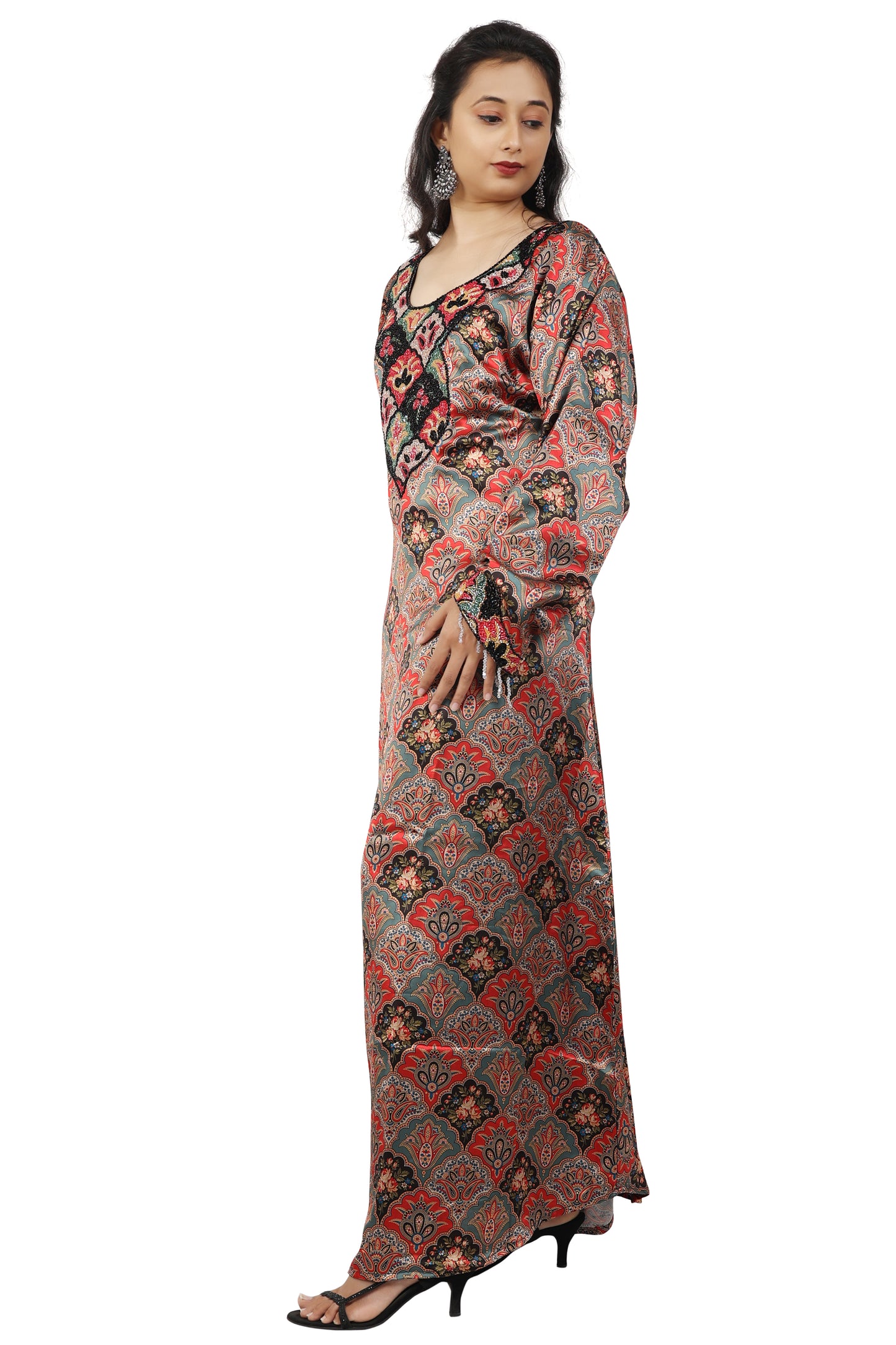 Flower Print Party Gown In Printed Satin with Handwork - Maxim Creation