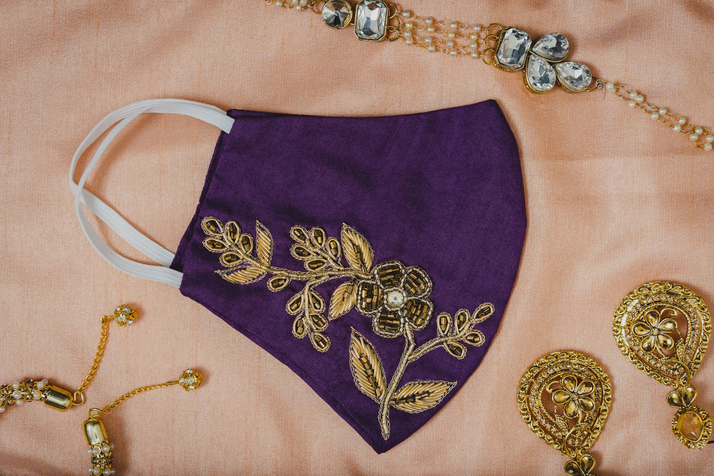 Floral Embroidery on Purple Coloured Cotton Face Mask - Maxim Creation