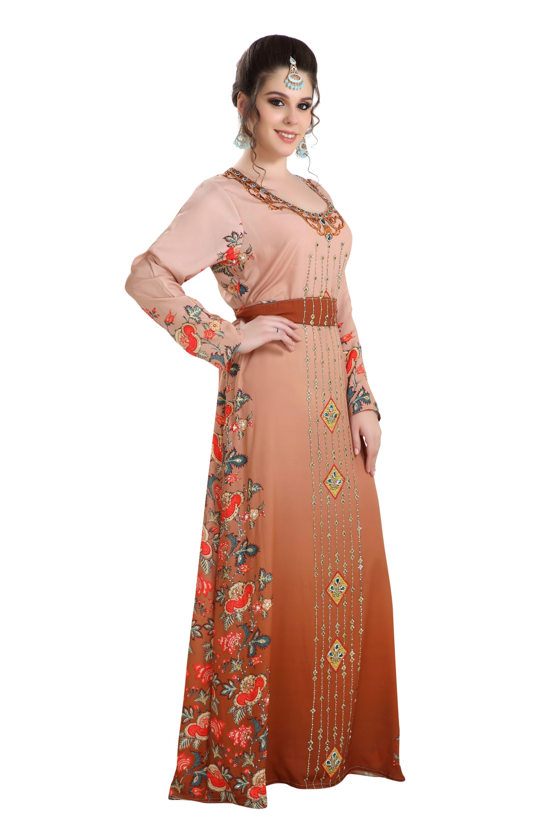 Dubai Kaftan Digital Printed Long Maxi Dress With Crystals - Maxim Creation