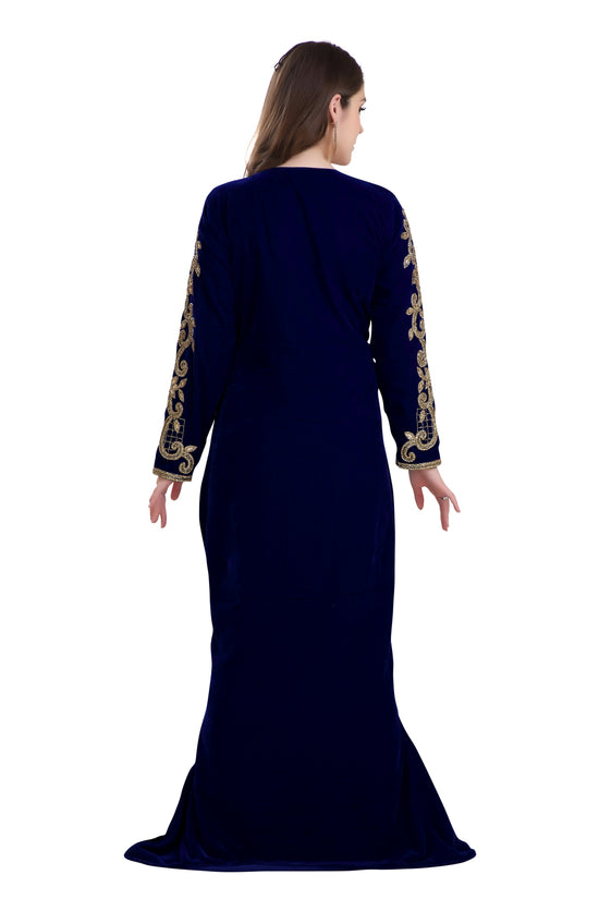Fishcut Gown Navy Blue Velvet Crystal Moroccan Kaftan - Maxim Creation