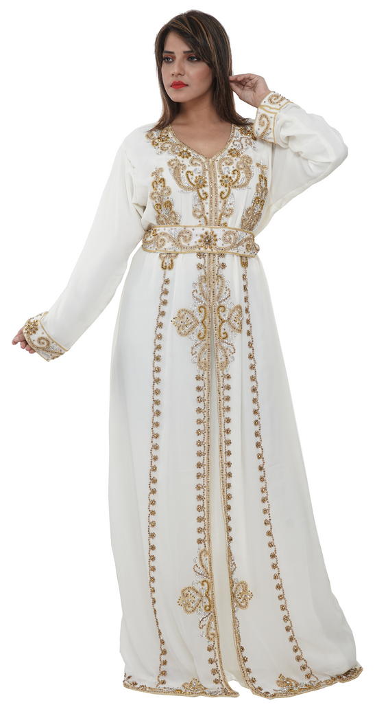 Embroidered Kaftan Gown With Golden Crystals - Maxim Creation