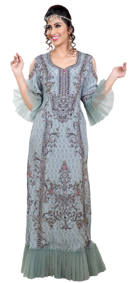 Digital Printed Party Gown With Cold Shoulder Sleeves - Maxim Creation
