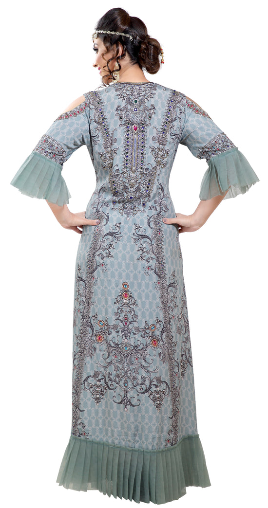 Digital Printed Party Gown With Cold Shoulder Sleeves - Maxim Creation