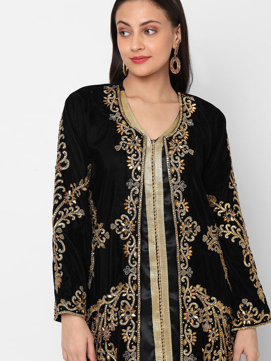 Hand Embroidered Designer Wedding Kaftan in Black Velvet - Maxim Creation