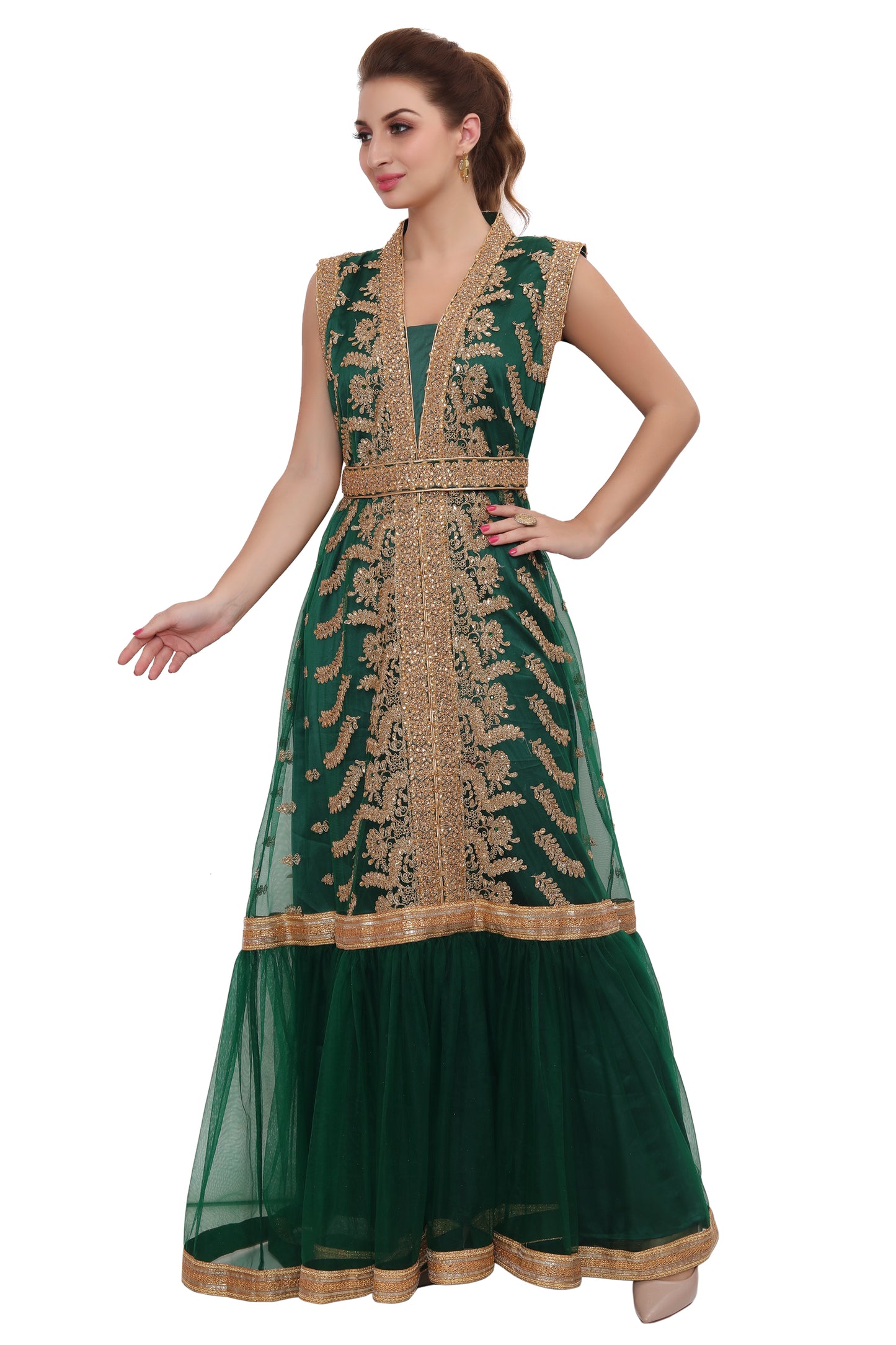 Green Designer Kaftan Bridal Gown Embroidered Dress - Maxim Creation