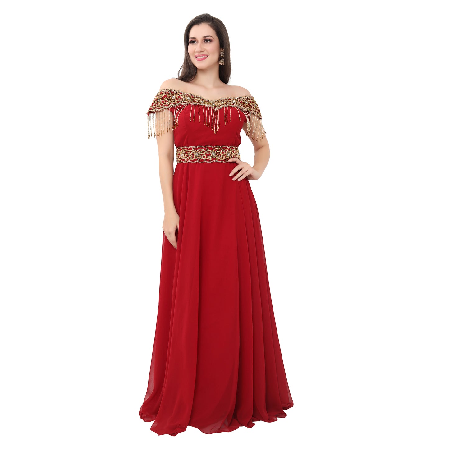 Red Prom Gown Bridesmaid Dress with Golden Tassels - Maxim Creation