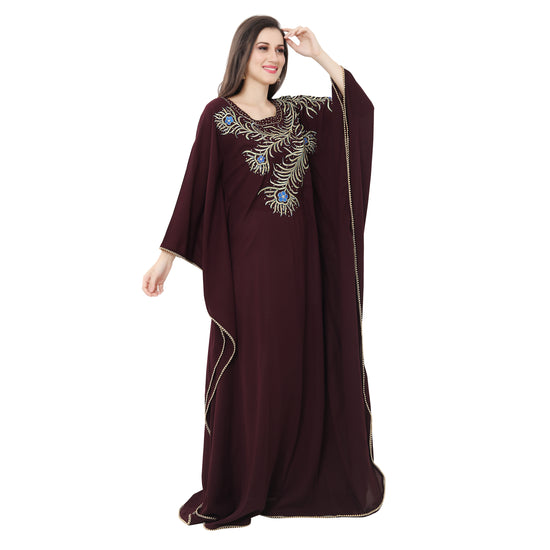 Dubai Farasha Long Robe with Peacock Feather Embroidery - Maxim Creation