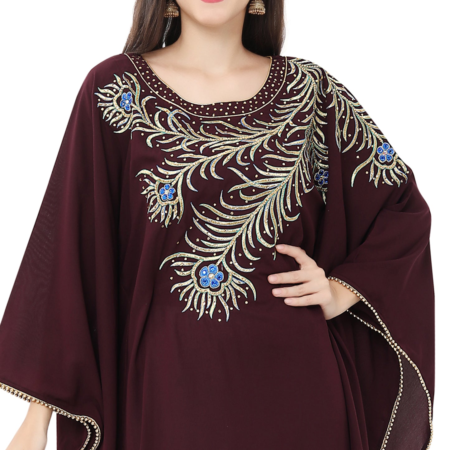 Dubai Farasha Long Robe with Peacock Feather Embroidery - Maxim Creation