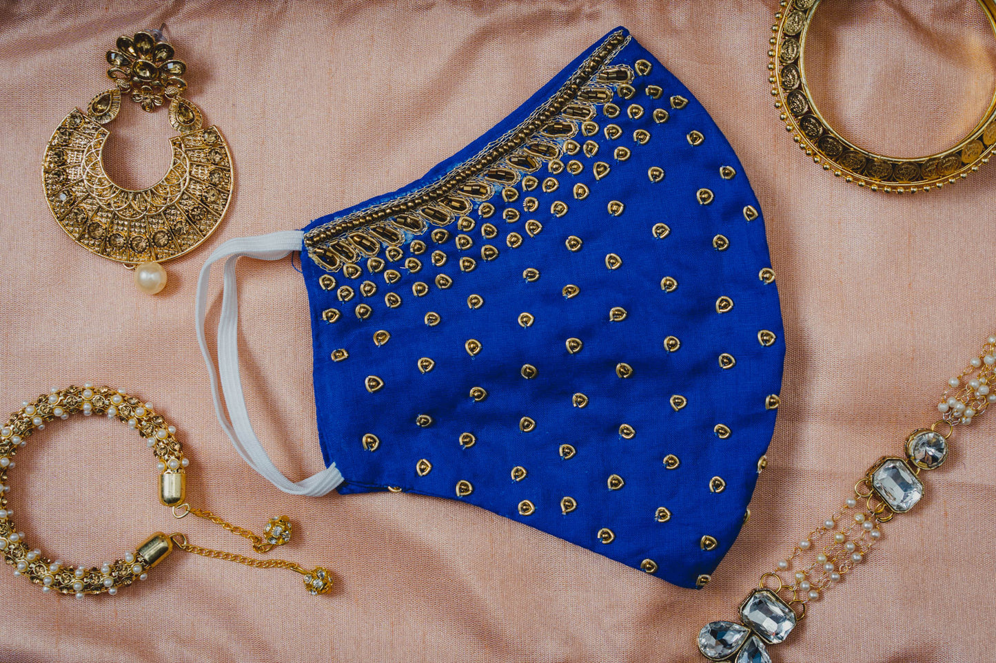 Gold Embroidery on Royal Blue Cotton Mask - Maxim Creation