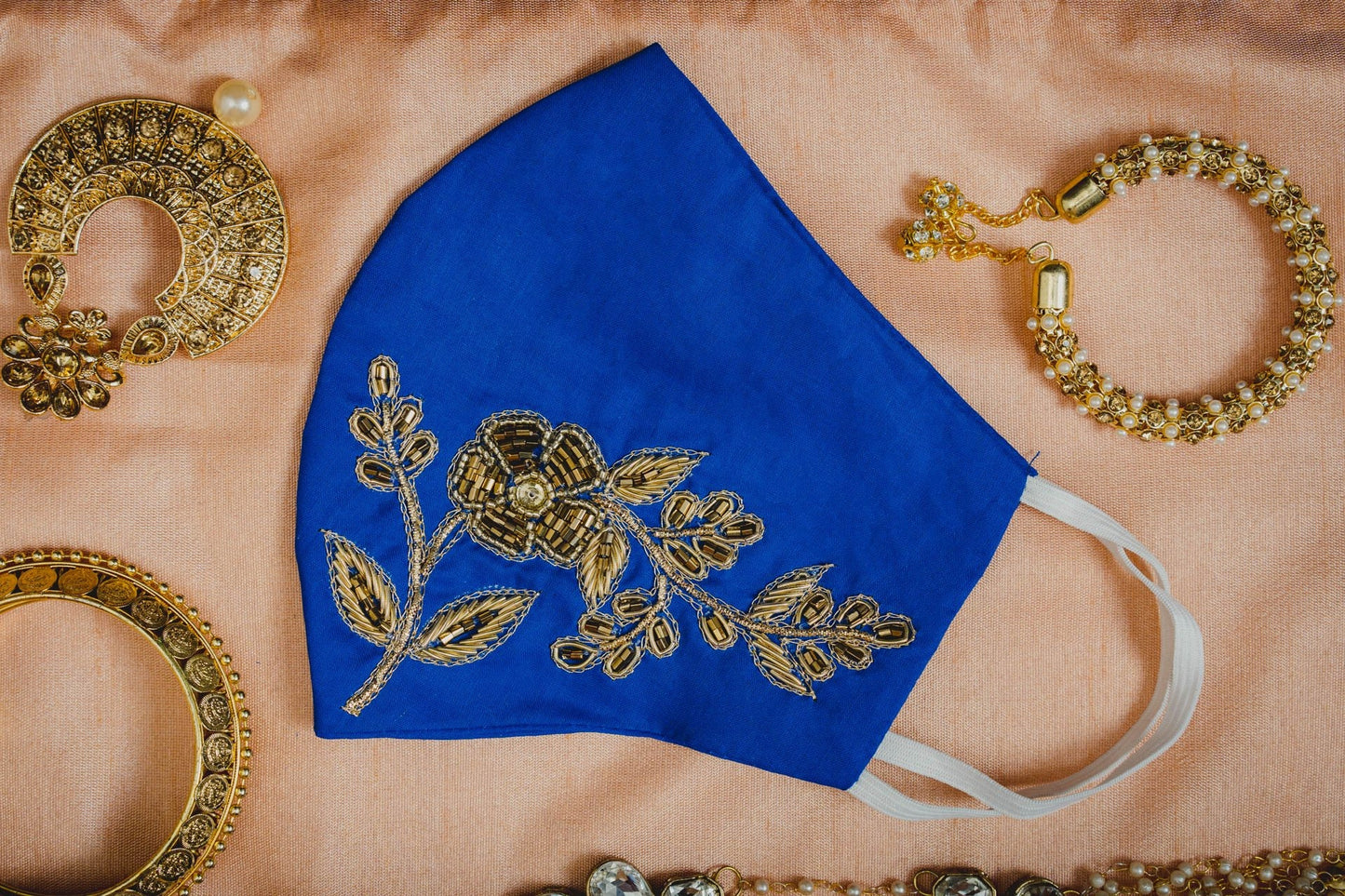Petal Textured Embroidery on Royal Blue Cotton Face Mask - Maxim Creation