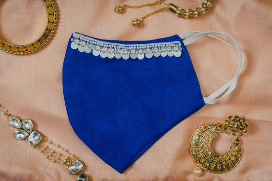 Hanging Tassel Embroidery on Royal Blue Cotton Face Mask - Maxim Creation