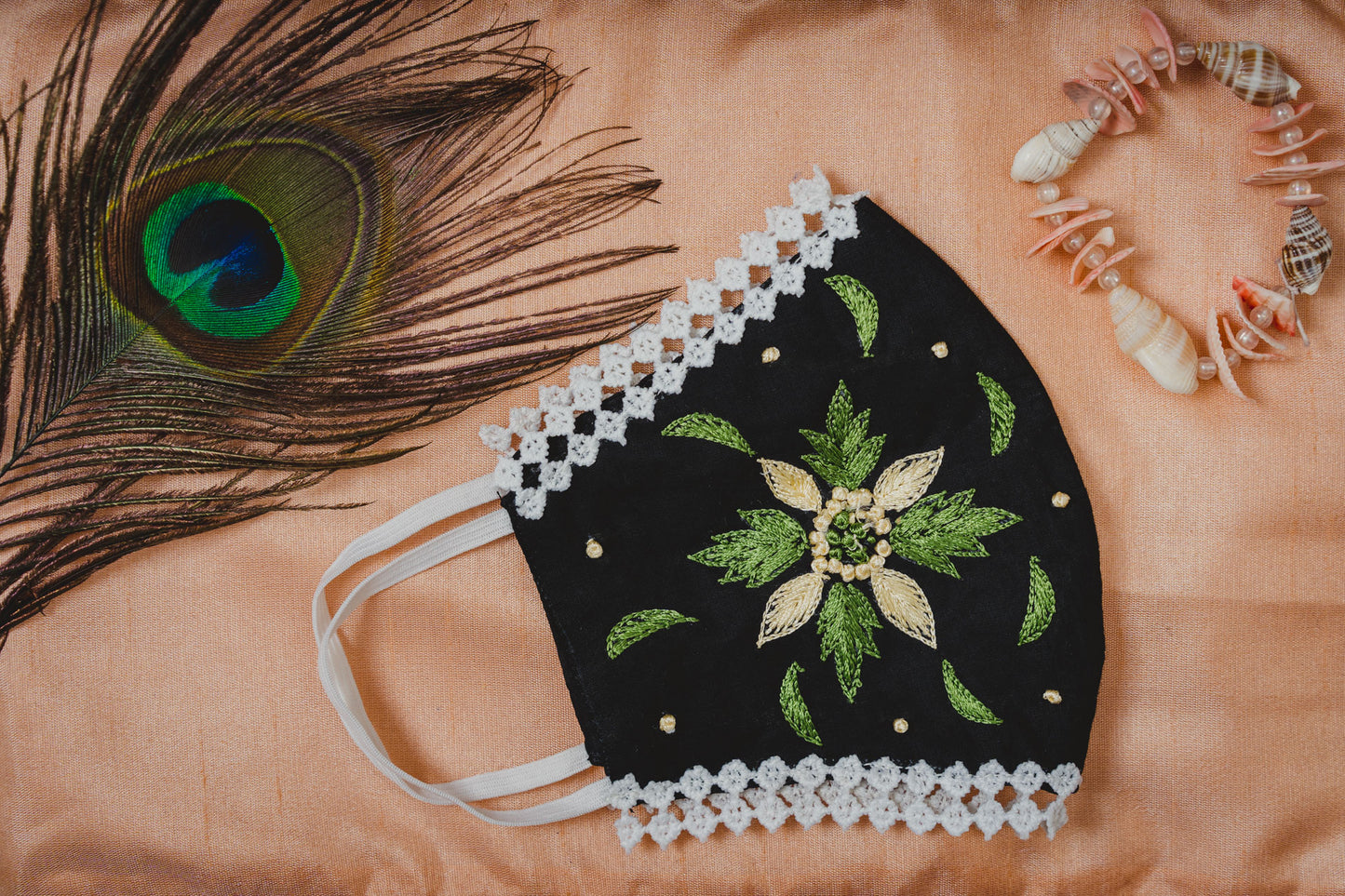 Geometric Floral Embroidery on Black Coloured Cotton Face Mask - Maxim Creation