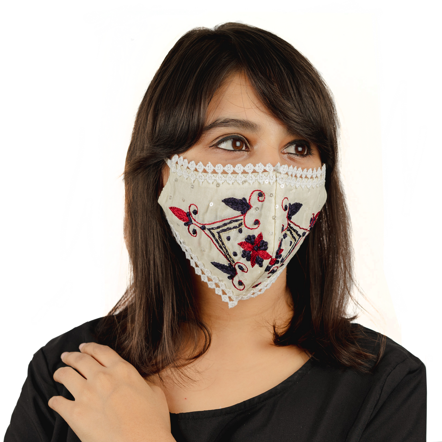 Cream Cotton Face Mask with Floral Embroidery - Maxim Creation