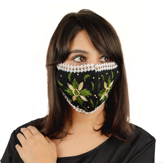 Geometric Floral Embroidery on Black Coloured Cotton Face Mask - Maxim Creation