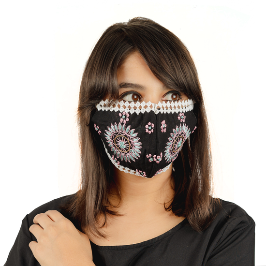 Cotton Lace Face Mask with Floral Thread Embroidery (Pack of 1 set in 4 Different Styles) - Maxim Creation