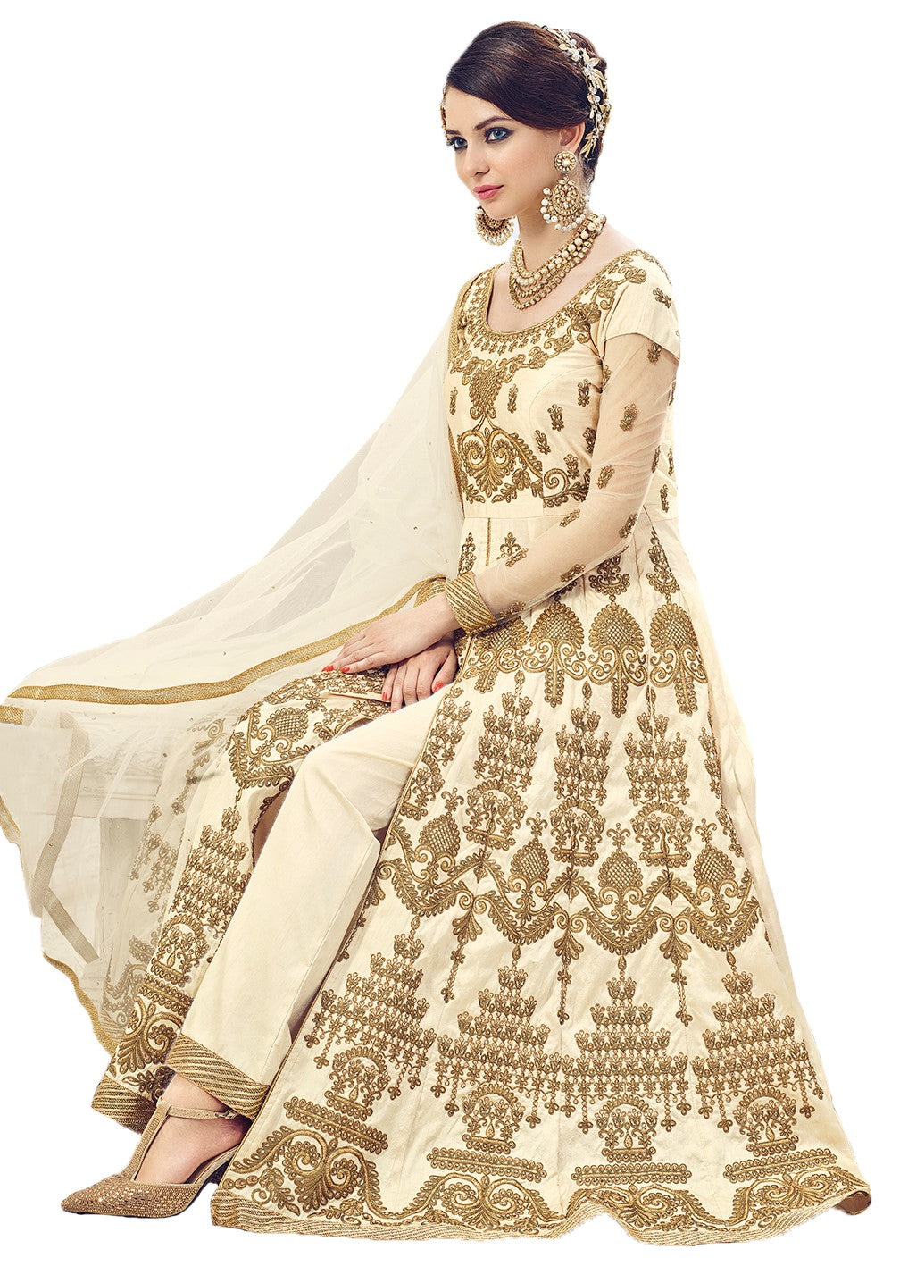 Embroidered Ball Gown in Cream Full Work Sharara 207 - Maxim Creation